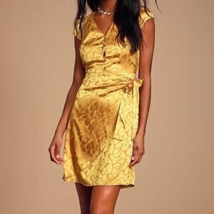 Lulus Iconic Mustard Yellow Satin Faux Wrap Mini Dress